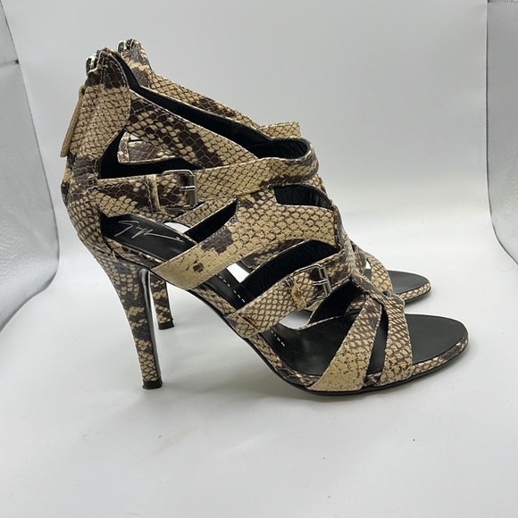 Giuseppe Zanotti Heels Faux Snakeskin Leather Caged Brown Tan